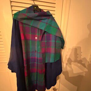 Avoca Collection Wool Cape Coat Poncho Cloak Blue w/Plaid Attached Scarf